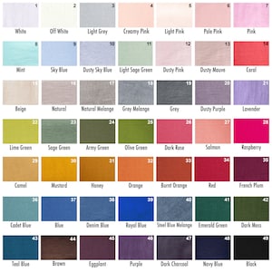 May include: A color chart with 49 fabric swatches, each labeled with a number and a color name. The colors range from white to black, and include shades of pink, blue, green, brown, and red.