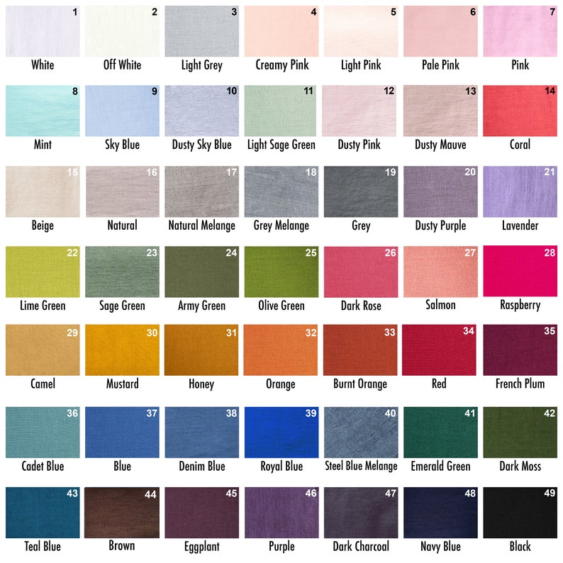 May include: A color chart with 49 fabric swatches, each labeled with a number and a color name. The colors range from white to black, and include shades of pink, blue, green, brown, and red.