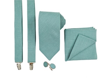 Aqua Sky Corbata regular, Tirantes Aqua Sky, Cuadrado de bolsillo Aqua Sky, Gemelos Aqua Sky, Accesorios de lino para novios, Corbata de lino de boda