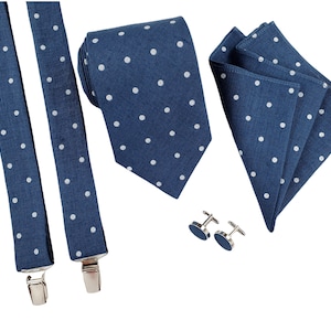 Dark Blue White Polka Dots Man's Accessories Set: Regular Tie, Slim Tie, Skinny Tie, Suspenders, Cufflinks, Pocket square, Man gift Tie Set