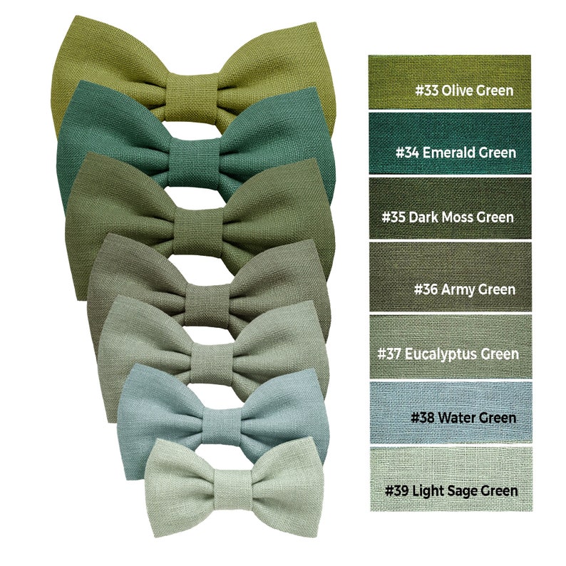 Green colors linen pre-tied bow ties with color codes and color names: light sage green bow tie, eucalyptus green bow tie, sage green bow tie, water green bow tie, army green bow tie, dark moss green bow tie, emerald green bow tie.