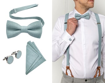 WATER GREEN men's accessories: Bow Tie, Suspenders with leather ends, Cufflinks, Pocket Square, Braces with clips and leather button straps