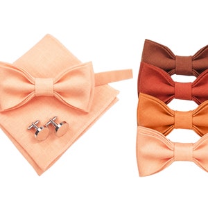 Peach Bow Tie / Peach Cufflinks / Peach Pocket Square / Peach Suspenders / Linen Wedding Bow Tie Set in Peach color