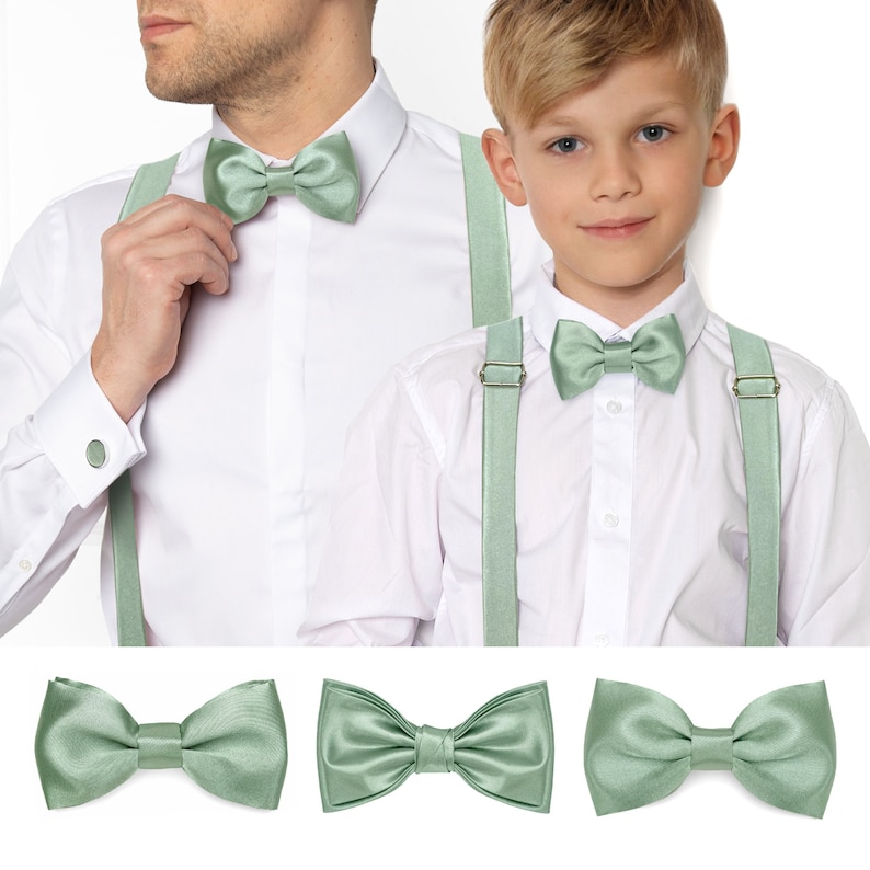 Wedding Various Styles Satin, Light Sage Green colour Bow ties for child and adult.
Wedding light sage green satin suspenders.