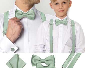 Set Papillon in Raso Verde Salvia Chiaro per Uomo, Set Papillon in Raso Verde Salvia Chiaro per Bambini, Papillon Padre e Figlio, Bretelle Adulto e Bambino