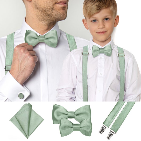 Light Sage Green Satin Bow tie Set for Man, Light Sage Green Satin Bow tie Set for Kids, Father and Son Bow tie, Adult and Child Suspenders