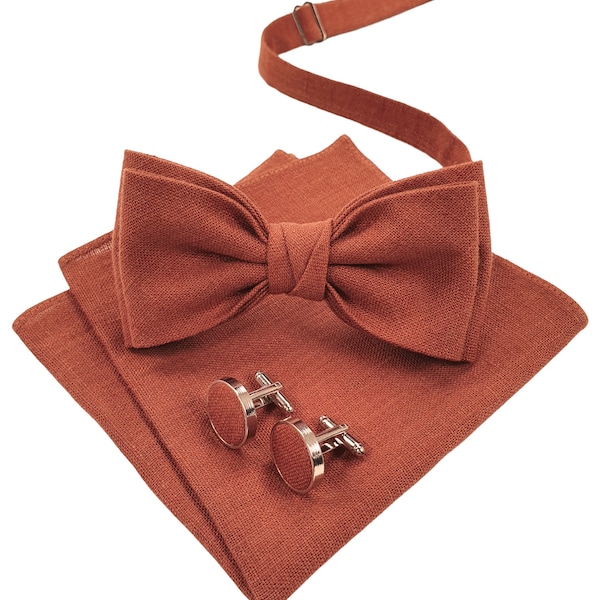 Burnt Orange Bow Tie, Burnt Orange Cufflinks, Burnt Orange Pocket Square, Burnt Orange Suspenders, Linen BowTie Set, Burnt Orange Braces