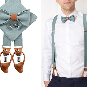 WATER GREEN men accessories with leather details: Water Green Bow tie, Cufflinks, Pocket Square, Water Green Suspenders with Leather ends