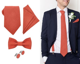 Aurora Red Classic Tie, Aurora Red Slim Tie, Aurora Red Skinny Tie, Bow tie, Suspenders, Cufflinks, Pocket Square, Aurora Red Groom set