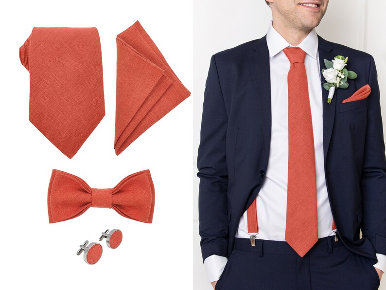 Aurora red color linen man suit accessories: Tie, cufflinks, pocket square, Bow tie. On the right, the front-view model with a suit wears the same aurora red color linen necktie, pocket square, and linen suspenders with clips.