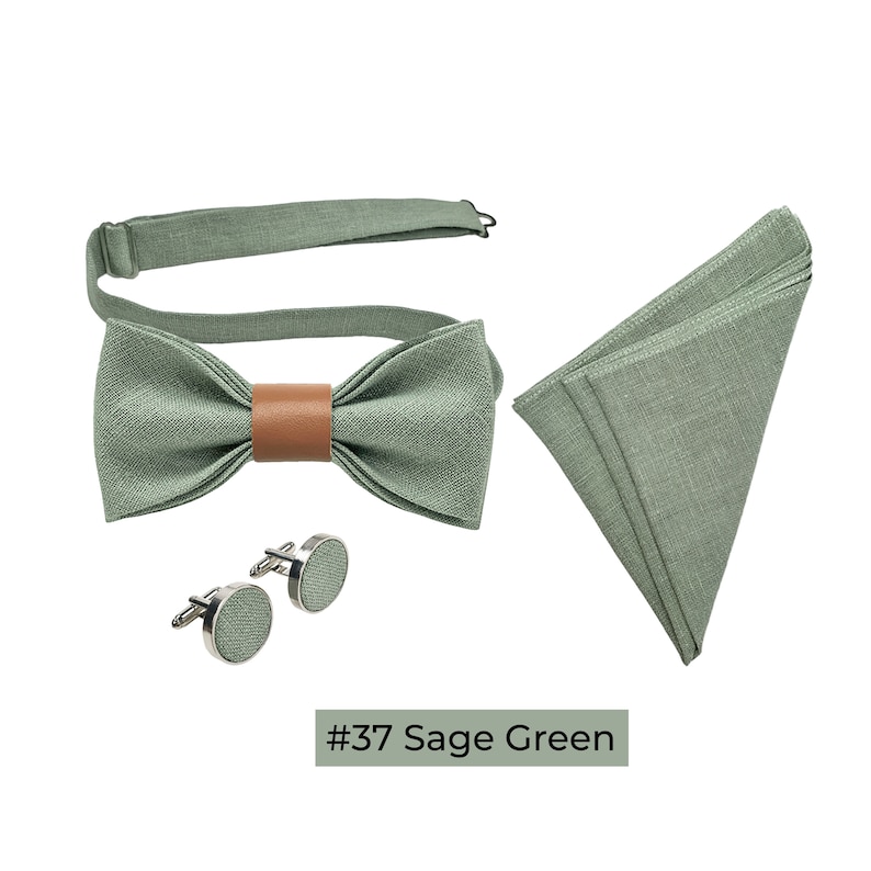 SALBEI GRÜNE Herren Accessoires mit Lederdetails: Salbeigrüne Fliege mit Leder, Manschettenknöpfe, Einstecktuch, Hosenträger mit Lederenden Bild 4