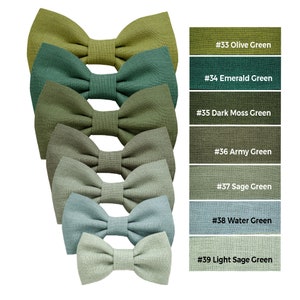 Green colors linen pre-tied bow ties with color codes and color names: light sage green bow tie, eucalyptus green bow tie, sage green bow tie, water green bow tie, army green bow tie, dark moss green bow tie, emerald green bow tie.