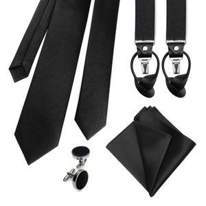 Black Satin Classic Tie, Black Satin Slim Tie, Black Satin Skinny Tie, Black Satin Suspenders with Clips and Leather Button Straps