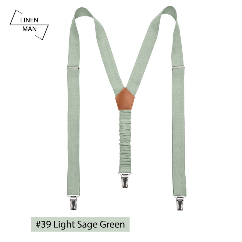 Light sage green color linen Y-type suspenders with metal clips. The back is attached with an elastic band and with light brown leather in the middle.