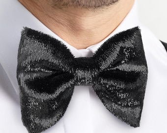 Black Sparkly Velvet Evening Bow tie, Shimmer Black Butterfly Bow tie for Weddings, Fancy Oversized Black Bow tie, Cufflinks, Pocket square