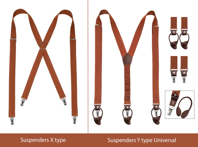 Orange suspenders X type with clips. Orange suspenders Y type with clips and leather for buttons.
Bretelles avec clips. Bretelles avec clips et cuir pour boutons.
Orange Hosentrager mit Clips. Orange Hosentrager mit Clips und Leder fur Knopfe.