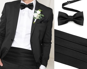 Hochzeit Kummerbund für Erwachsene und Kinder Schwarzem Satin, Kummerbund und Fliege Set für Bräutigam und Trauzeugen, Kummerbund für Jungen