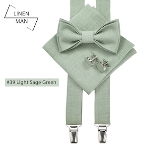 Light sage green color linen pre-tied bow tie. Metal Cufflinks with light sage green color linen detail in the middle. Light sage green color linen folded pocket square. Light sage green color linen Y-type suspenders with metal clips.