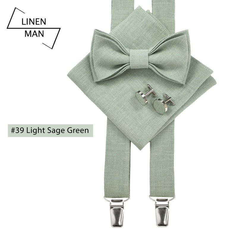 Light sage green color linen pre-tied bow tie. Metal Cufflinks with light sage green color linen detail in the middle. Light sage green color linen folded pocket square. Light sage green color linen Y-type suspenders with metal clips.