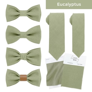 May include: A set of three bow ties and two neckties in a light green colour, made of linen. The fabric swatches are labelled "Eucalyptus" and "Linen 100%".