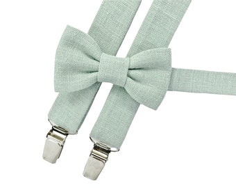 Light Sage Green Toddler Bow Tie / Sage Green Child Suspenders / Light Sage Linen Suspenders for Toddler / Children Bow Tie