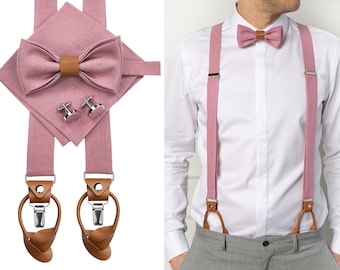 MAUVE QUARTZ men accessories with leather details: Mauve Quartz Bow tie, Cufflinks, Pocket Square, Mauve Quartz Suspenders with Leather ends