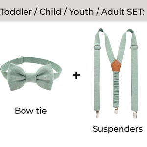 The picture shows: If you want to order a bow tie and suspenders (braces), you should choose the Set and size you need: Toddler set, Child set, Youth set, and Adult set.