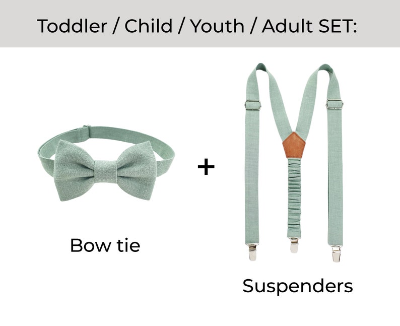 The picture shows: If you want to order a bow tie and suspenders (braces), you should choose the Set and size you need: Toddler set, Child set, Youth set, and Adult set.