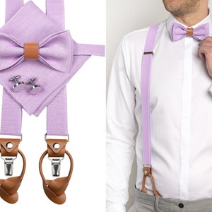 LILAC men accessories with leather details: Lilac Bow tie with leather, Cufflinks, Lilac Pocket Square, Lilac Suspenders with Leather ends