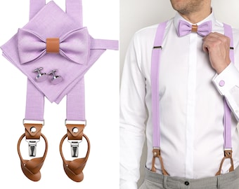 LILAC herenaccessoires met leren details: Lila vlinderdas met leer, Manchetknopen, Lila pochet, Lila bretels met leren uiteinden