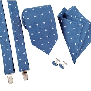 Denim Blue White Polka Dots Man&#39;s Accessories: Regular Tie, Slim Tie, Skinny Tie, Suspenders, Cufflinks, Pocket square, Men&#39;s Wedding Tie
