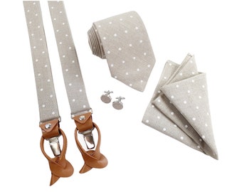 Men Tie Set - Natural/White Polka Dots: Regular Necktie, Slim Tie, Skinny Tie, Suspenders with Leather, Cufflinks, Pocket square, Groom Tie