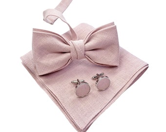 Dusty Pink Linen Bow Tie / Dusty Rose Linen Bow Tie / Dusty Pink Suspenders / Dusty Mauve Suspenders/ Dusty Mauve Cufflinks