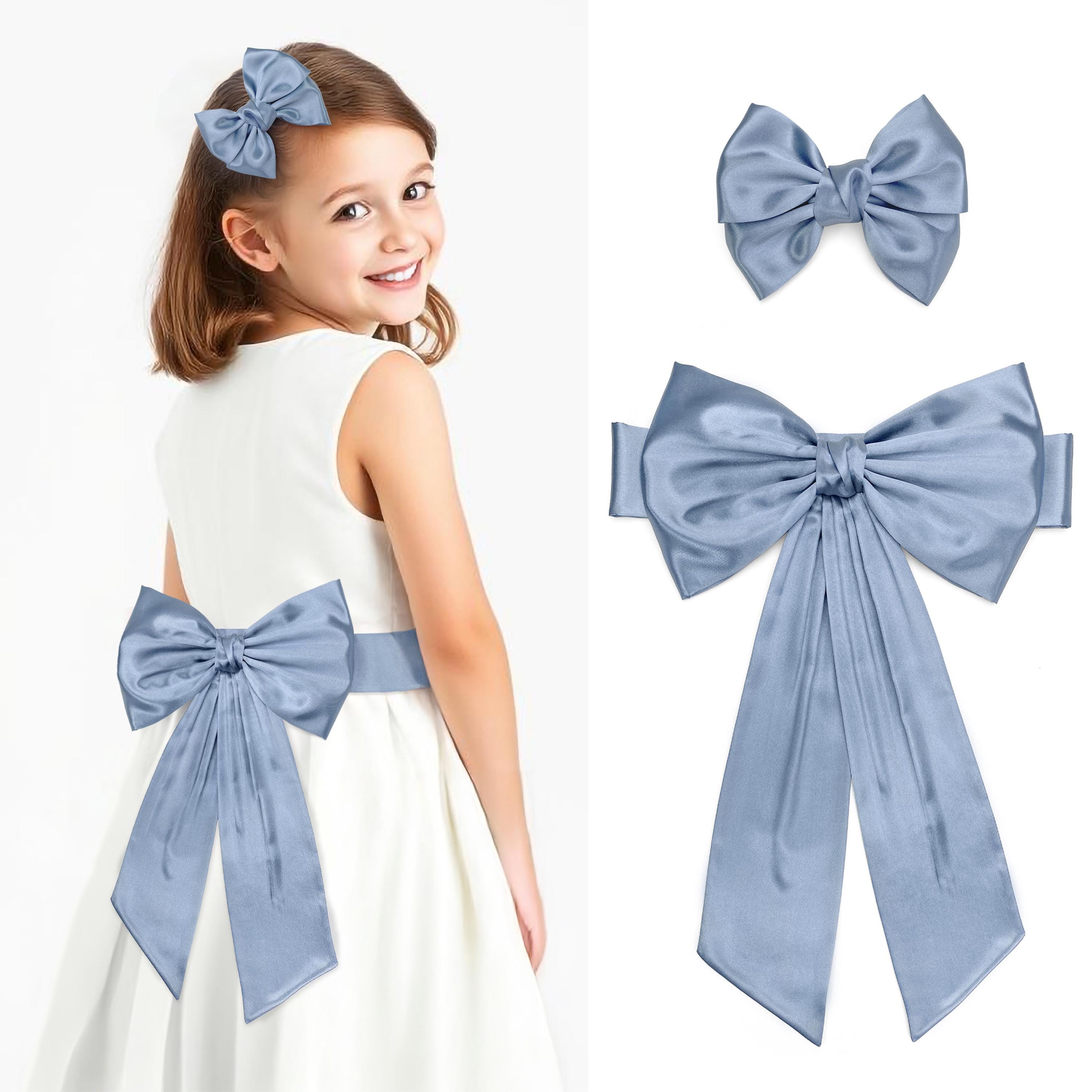 Dusty Blue Satin Hair Bow and Sash Belt With Pre-tied Bow 