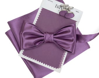 SATIN Wisteria Purple Bow tie, Wisteria Bowtie Set for Groom Groomsmen, Wisteria Purple Men's Wedding accessories, Wisteria Satin Suspenders