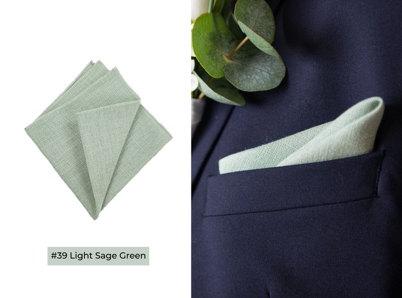 Light sage green pocket square.
Pochette de costume vert sauge clair.
Hell Salbeigrunes Einstecktuch.