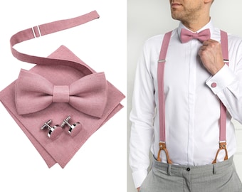 Herren Accessoires aus Mauve Quarz: Mauve Quarz Fliege, Hosenträger mit Braunen Lederenden, Manschettenknöpfe, Einstecktuch