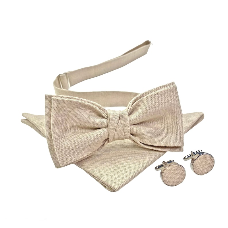 Beige Linen Bow Tie / Sandy Bow Tie / Beige Linen Cufflinks / Beige Suspenders / Beige Pocket Square image 1