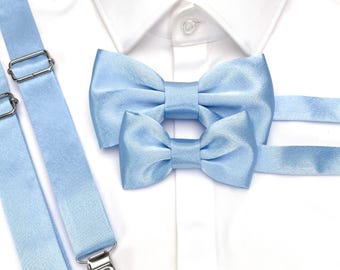Matching Mens and Boys Sky Blue Satin Bow tie, Sky Blue Bow tie & Suspenders for Father and Son, Sky Blue Accessories for Groom Groomsmen