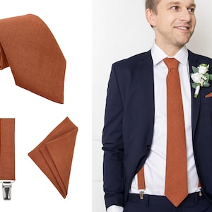 Burnt Orange Regular Linen Tie / Regular Wedding Tie / Burnt Orange Tie / Linen Necktie / Burnt Orange Cufflinks / Orange Tie / Tie For Men