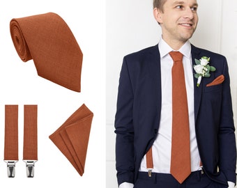 Burnt Orange Regular Linen Tie / Regular Wedding Tie / Burnt Orange Tie / Linen Necktie / Burnt Orange Cufflinks / Orange Tie / Tie For Men