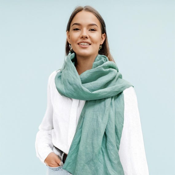 Aqua Sky Blue Linen Scarf / Unisex Turquoise Colour Scarf