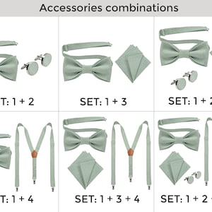 Accessories are listed by numbers so you can combine and order them in different sets.
SET: 1+2 (Bow tie + Cufflinks)
SET: 1+3 (Bow tie + Pocket square)
SET: 1+4 (Bow tie + Suspenders)
SET: 1+2+3 
SET: 1+3+4 
SET: All 4 set