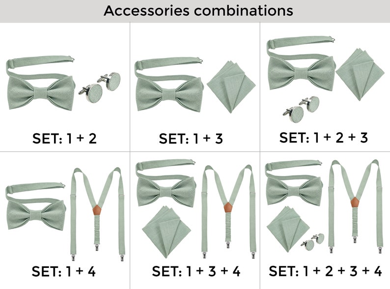 Accessories are listed by numbers so you can combine and order them in different sets.
SET: 1+2 (Bow tie + Cufflinks)
SET: 1+3 (Bow tie + Pocket square)
SET: 1+4 (Bow tie + Suspenders)
SET: 1+2+3 
SET: 1+3+4 
SET: All 4 set