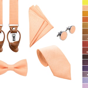 Peach color Regular Tie, Peach Slim Tie, Peach Skinny tie, Peach Bow Tie, Peach Suspenders with leather ends, Cufflinks, Peach Pocket square