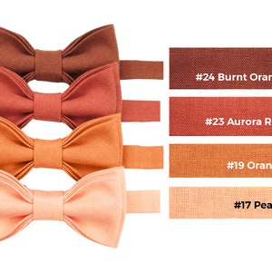 Orange shades of bow ties from light orange to dark orange color: peach color bow tie, orange color bow tie, aurora red color bow tie, and burnt orange color bow tie. On the right the same color of linen fabrics with color codes and names.