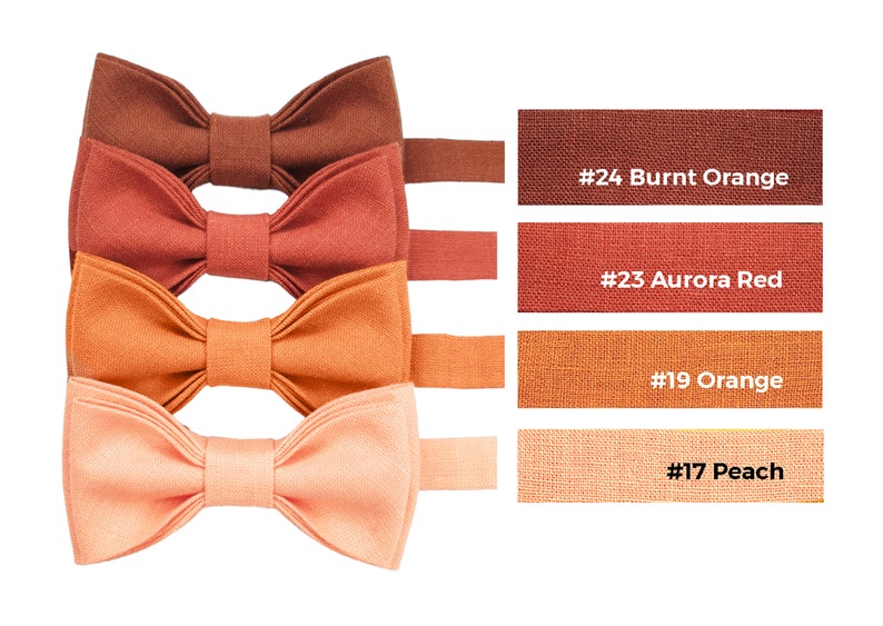 Orange shades of bow ties from light orange to dark orange color: peach color bow tie, orange color bow tie, aurora red color bow tie, and burnt orange color bow tie. On the right the same color of linen fabrics with color codes and names.