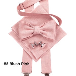 Blush Pink color pre-tied bow tie shown with the same color cufflinks, folded pocket square, and blush pink color linen adjustable Suspenders X-type. Suspenders with silver color metal clips. Width: 3 cm. Fits for the person 165-195cm tall.