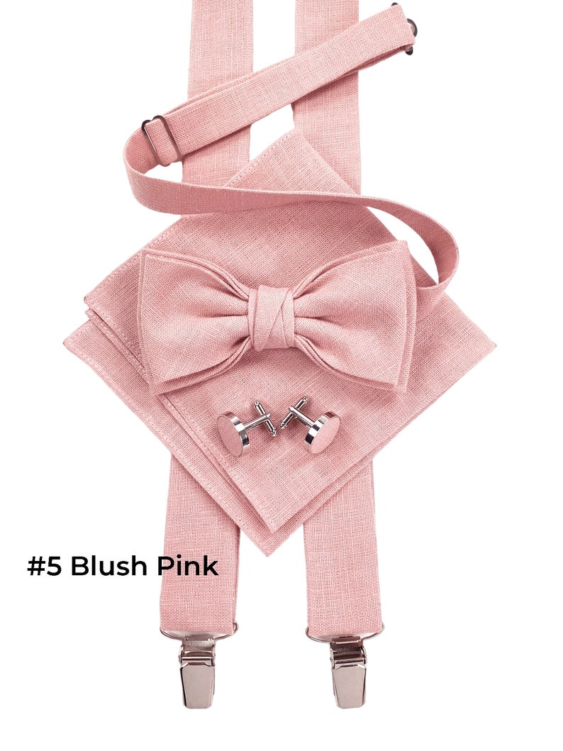 Blush Pink color pre-tied bow tie shown with the same color cufflinks, folded pocket square, and blush pink color linen adjustable Suspenders X-type. Suspenders with silver color metal clips. Width: 3 cm. Fits for the person 165-195cm tall.