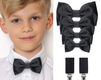 Wedding Black Satin Father and Son Bow tie Set, Black Satin Dad and Son Suspenders, Ring Bearer Wedding outfit, Bow ties for Kids and Adults